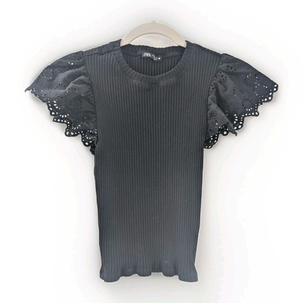 Zara Black Eyelet Lace Stretch Crop Top WhimsyGoth Short Sleeve Blouse Size Med